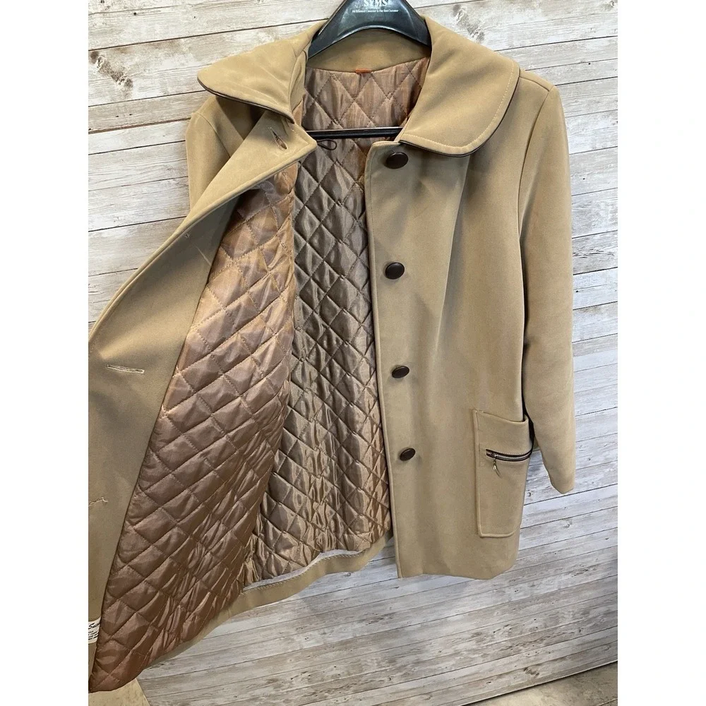 Vintage 60s-70s Womens 18 Coat Mod Tan Faux‎ Suede Peter Pan Collar A-Line USA